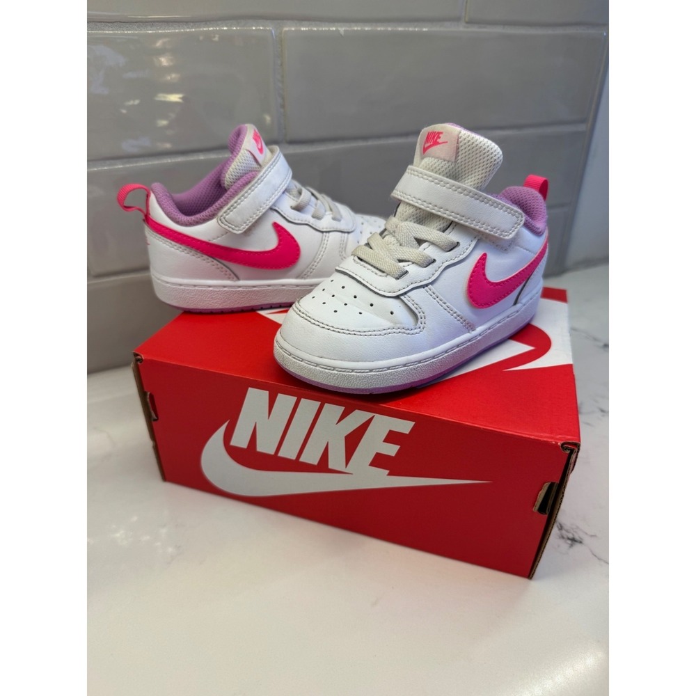 Nike Court Borough Low 2 Girls Size 8C White Pink Shoes BQ5453-111 Sneaker